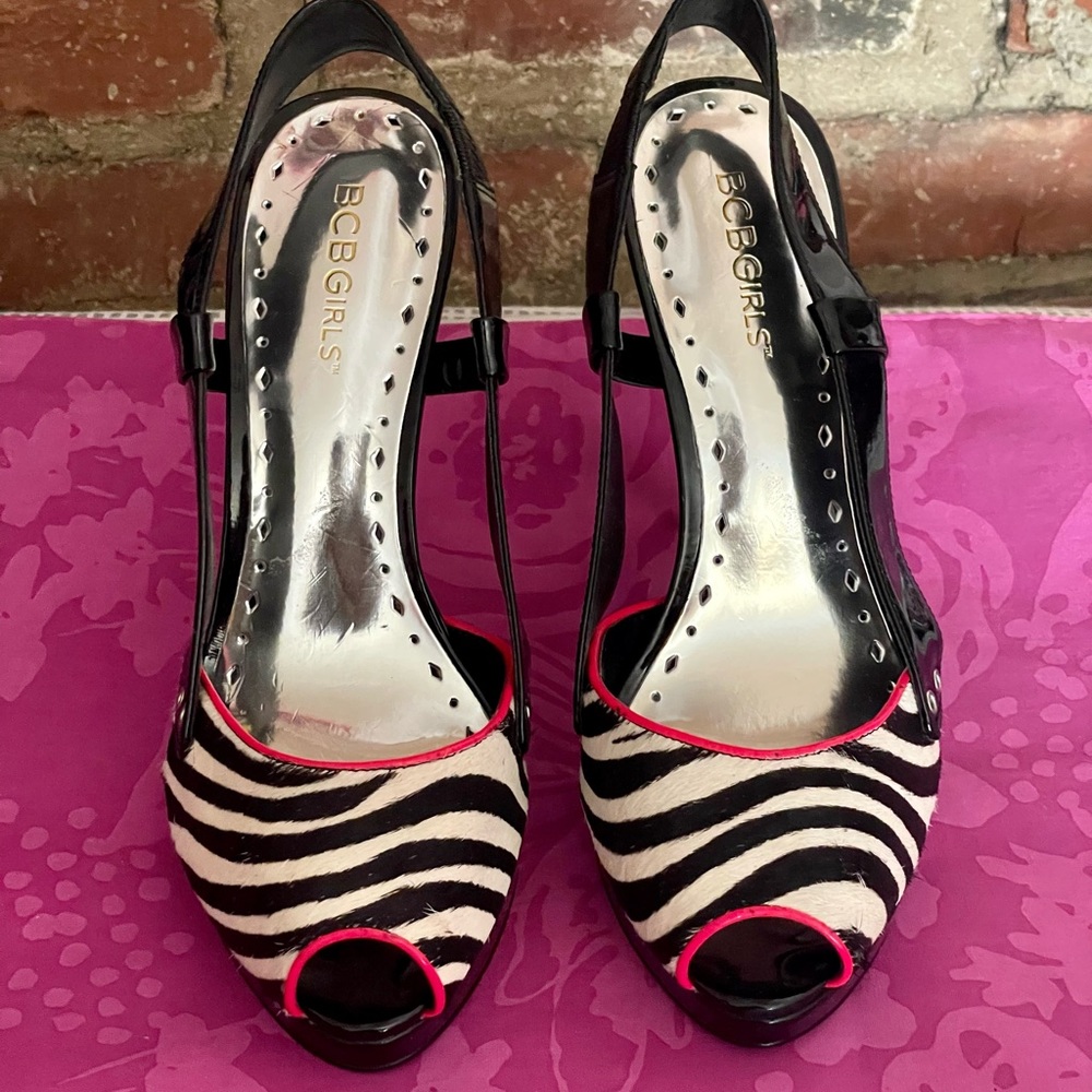 BCBGirls Zebra Peep Toe Heels